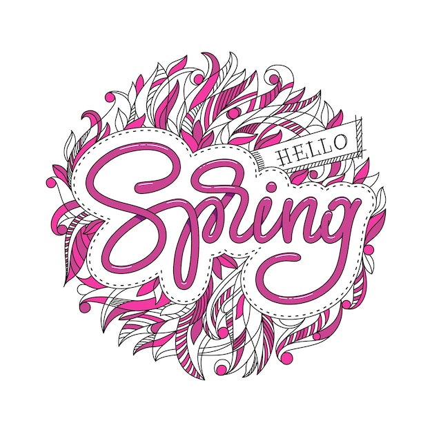 Hallo frühling hand skizzierte logo, abzeichen typografie. beschriftungsfrühlingssaison mit blatt für grußkarte, einladungsschablone