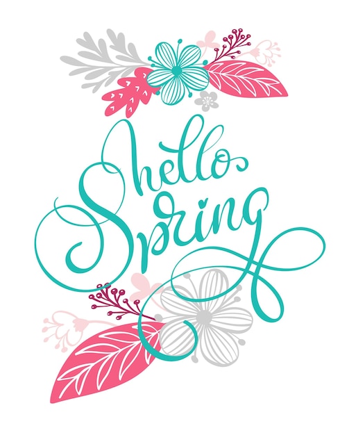 Hallo Frühling. Handgezeichneter Text und Design für Grußkarte. Trendige Handschrift-Zitat-Mode