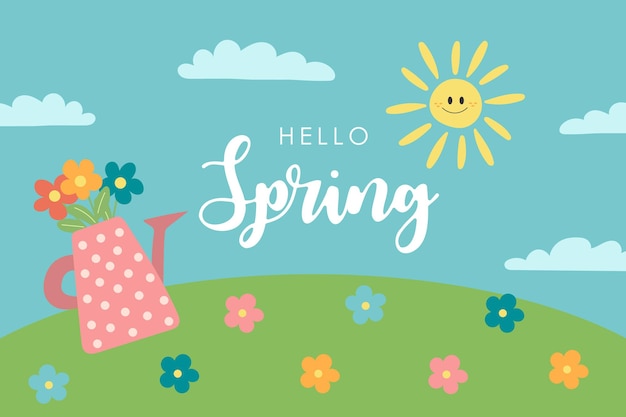 Hallo Frühlingskarte mit Gießkanne und Blumennatur-Vektorillustration