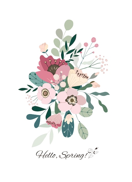 Hallo frühlingskarte mit strauß sommerlicher floraler elemente blumen zweig grüne blätter beeren konzept für hochzeitsplakat frauentag 8. märz und valentinstag kinder urlaub vektor-illustration