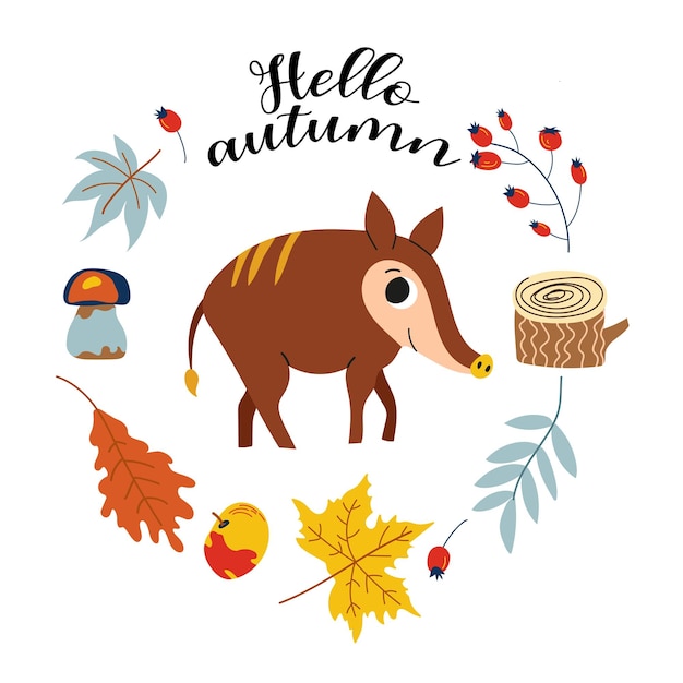 Vektor hallo herbst cartoon eber handzeichnung buchstaben karte mit blättern herbst elemente und süß