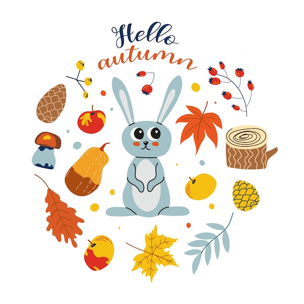 Hallo Herbst Cartoon Kaninchen Handzeichnung Buchstaben Karte mit Blättern Herbst Elemente und süß