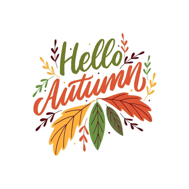 Hallo Herbst handgezeichneter Schriftzug Slogan mit Blättern