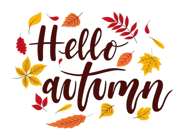 Hallo Herbst Herbstbuchstaben mit Herbstelementen Herbstblätter verschiedener Farben und Formen