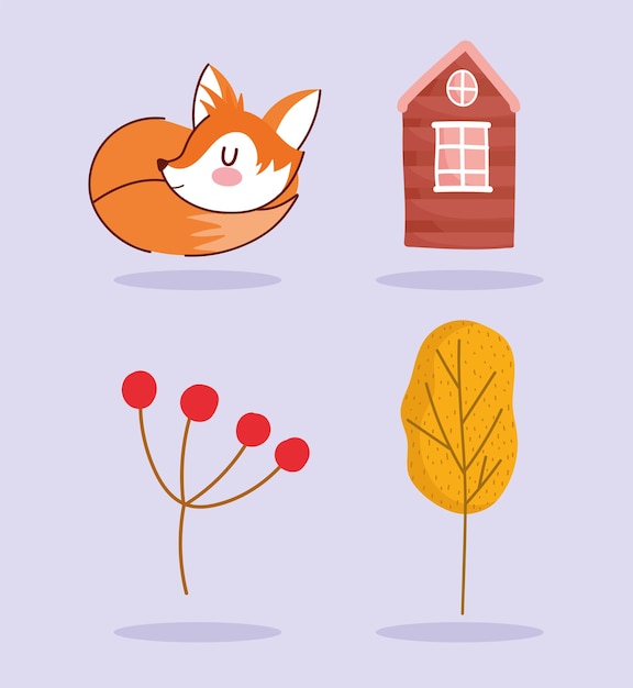 Hallo Herbst, niedliche Fuchs Tierschlafhaus Ast Zweig Ikonen gesetzt.