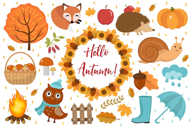 Hallo Herbst Set flach oder Cartoon-Stil. Sammlung Design-Elemente mit Blättern, Bäumen, Pilzen, Kürbis, wilden Tieren, Regenschirm und Stiefeln. Auf weißem Hintergrund isoliert. Vektorillustration.