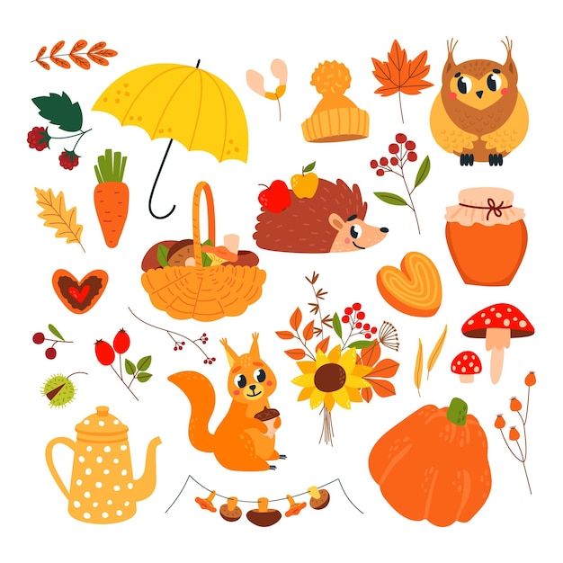 Hallo Herbstelemente Herbstnahrung und Waldpflanzen Cartoon Eule Igel und Eichhörnchen Teekanne Pilz Bouquet und Regenschirm Natur klassische Vektor-Clipart