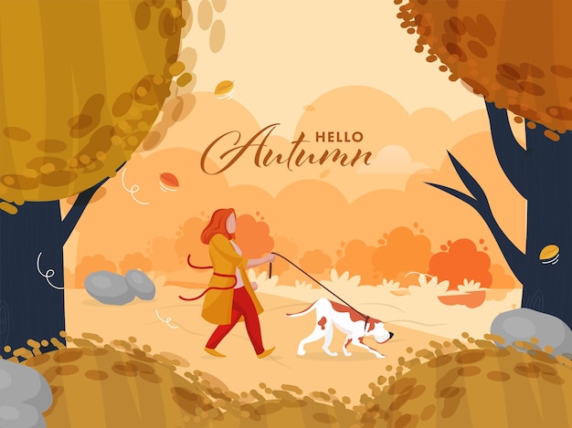 Hallo herbstsaisonaler hintergrund mit der jungen frau, die ihre hundeillustration geht.