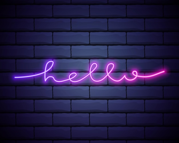 Hallo Neon Text Vektor mit Backsteinmauer Hintergrund Hallo Neon Zeichen Design Vorlage modernes Trend Design Nacht Neon Schild Nacht hell Werbung Licht Banner Lichtkunst Vektor Illustration