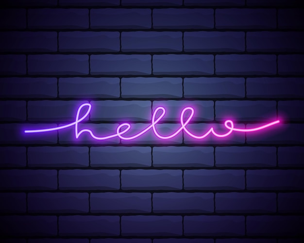 Hallo neon text vektor mit backsteinmauer hintergrund hallo neon zeichen design vorlage modernes trend design nacht neon schild nacht hell werbung licht banner lichtkunst vektor illustration