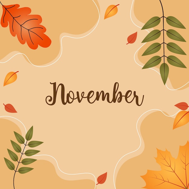 Hallo november, willkommener november-text für grußkarten mit abgefallenen blättern. vektor-illustration.