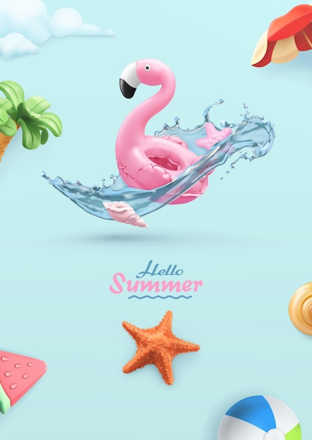 Hallo sommer 3d-karte mit aufblasbarem flamingo-spielzeug, seestern, wasserspritzer