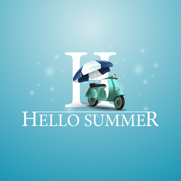 Hallo sommer, blaue postkarte mit einem roller mit sonnenschirm
