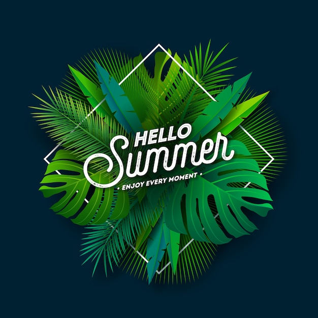 Hallo sommer-entwurf mit typografie-buchstaben und tropischen palmblättern