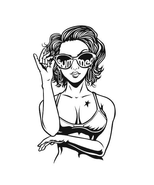 Vektor hallo sommer, frau im bikini illustration einer trendigen frau, die sexy posiert.