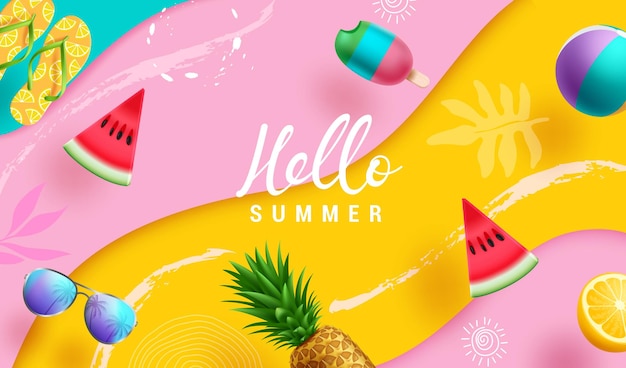 Vektor hallo sommer grüß-vektor-hintergrund-design sommer hallo-grüß-text mit wassermelone