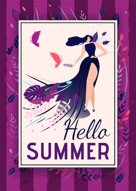 Hallo sommer-gruß-text mit plakat der eleganten frau