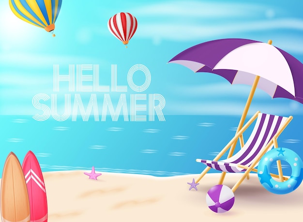 Hallo Sommer-Grußvektordesign Hallo Sommer-Grußtext im Hintergrund des Strandes im Freien