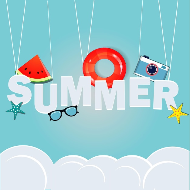 Hallo Sommer mit Origami-Dekoration, die am Hintergrund des blauen Himmels hängt. Papierkunst und Bastelstil