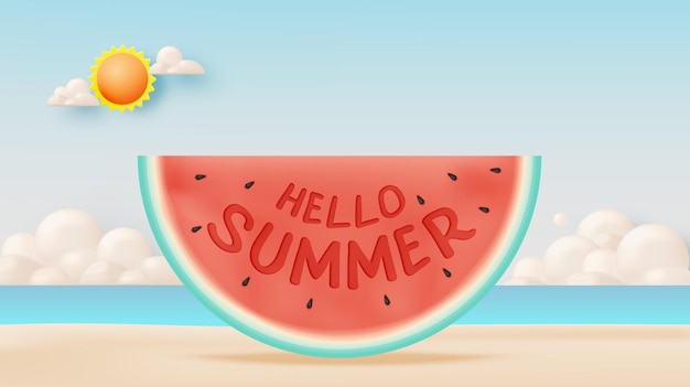 Hallo Sommer mit Wassermelone und Strandhintergrund