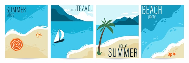 Hallo sommer-poster-set meer mit palme sandberge und meer paradieslandschaft sommerurlaubskarte mit text reisehintergrund tropisches resort-banner vektor-strand-illustration