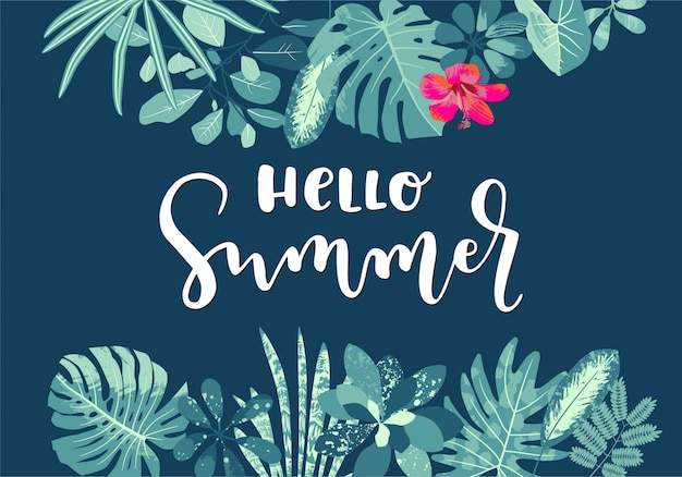 Hallo sommer tropische blätter kalligraphie sommer design mit monstera