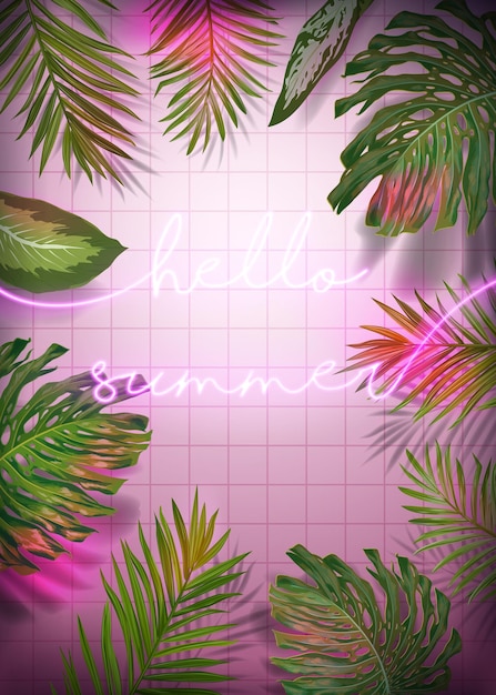 Hallo Sommer-Typografie-Banner mit Palmblättern. Sommer-Neon-Schild-Hintergrund. Tropisches Leuchtplakat mit exotischen Pflanzen für die Werbung. Vektor-Illustration