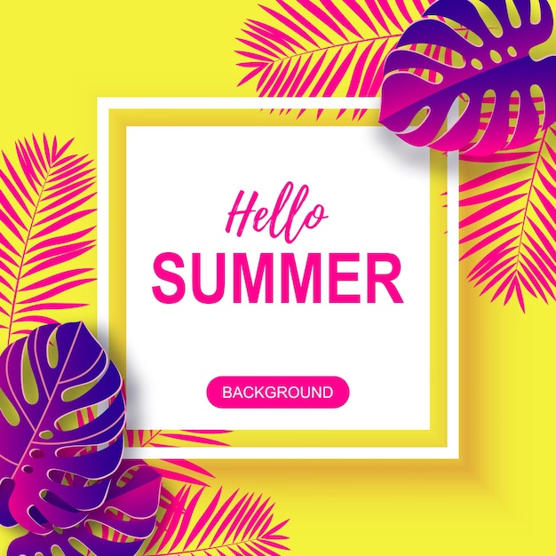 Hallo Sommerdesign mit lila tropischen Blättern auf gelbem Hintergrund Platz für Text