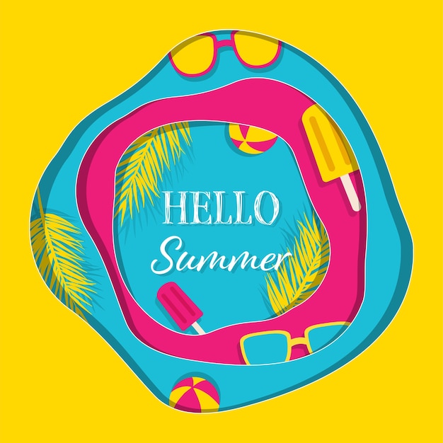 Hallo Sommerfahnenpapier-Kunstentwurf mit Sommerelementen und modischer Text auf bunter Rückseite