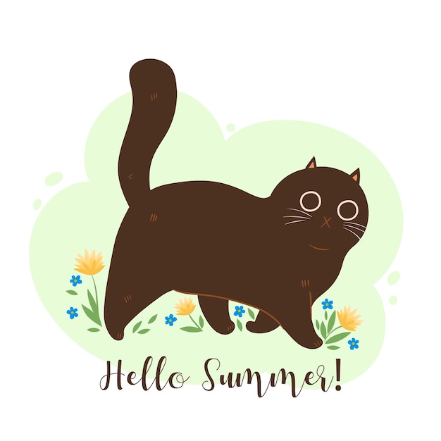 Hallo sommergrußkarte mit katze und blumen