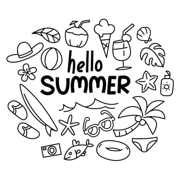 Hallo Sommerkollektion. Illustration lustiger Gekritzelsommer.
