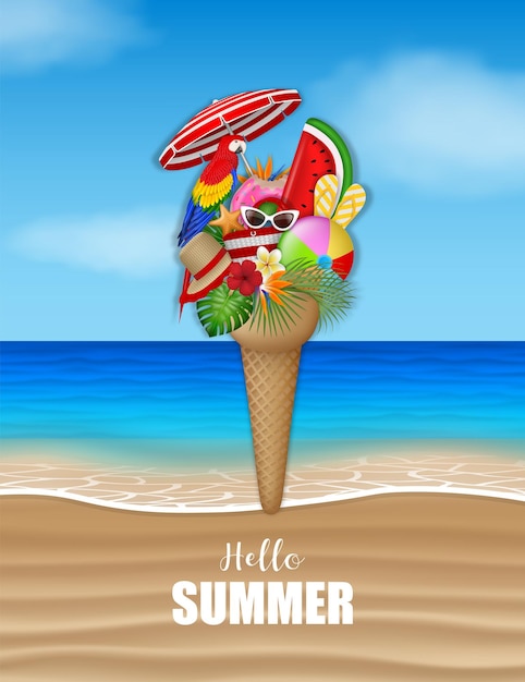 Hallo Sommerposter mit Strandelementen in Eisform auf Strandhintergrund