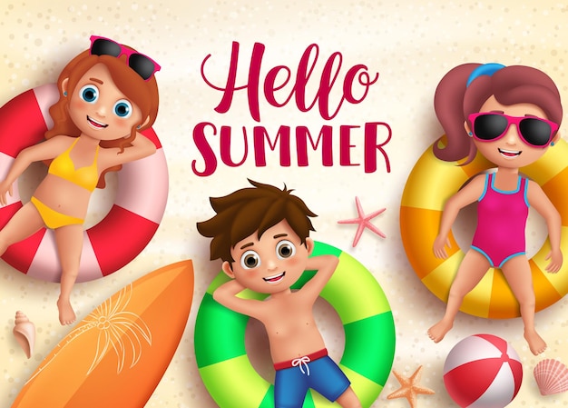 Hallo Sommervektor-Hintergrunddesign Sommeraktivität mit Jungen und Mädchen, die an der Strandküste schwimmen
