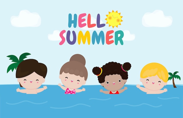 Hallo Sommervorlage Kinder, die auf den Wellen schwimmen Gruppe von Kindern, die Spaß am flachen Cartoon des Strandes haben