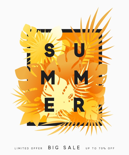 Hallo tropischer hintergrund der sommerfahne. sommersaison, designposter mit leuchtend gelben blättern