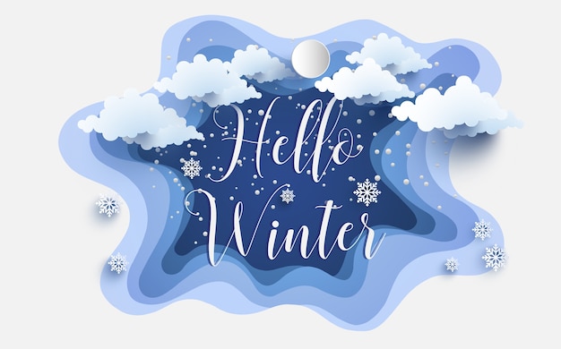 Hallo winter. beliebte typografie-design und papierkunst design