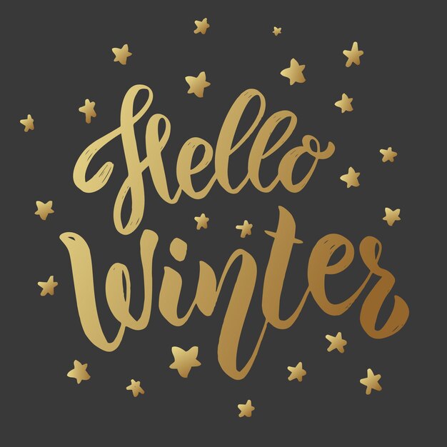 Hallo Winter. Schriftzug auf dunklem Hintergrund. Gestaltungselement für Karte ,, Poster.