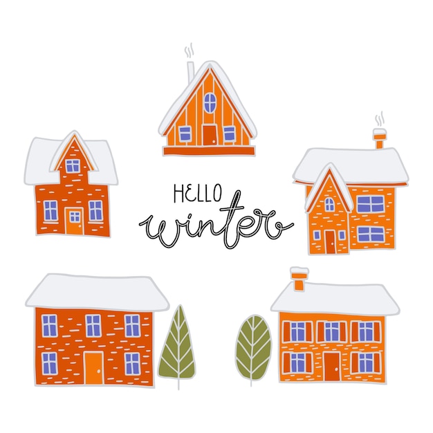 Vektor hallo winter schwarzer handgeschriebener schriftzug winterhäuser mit schnee bestreut weihnachtsillustration vektorillustration