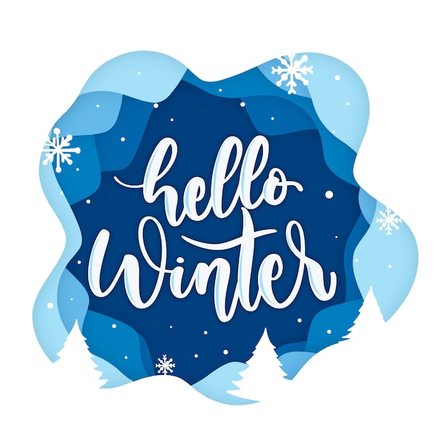 Vektor hallo winterbeschriftung auf blauem hintergrund mit schneeflocken