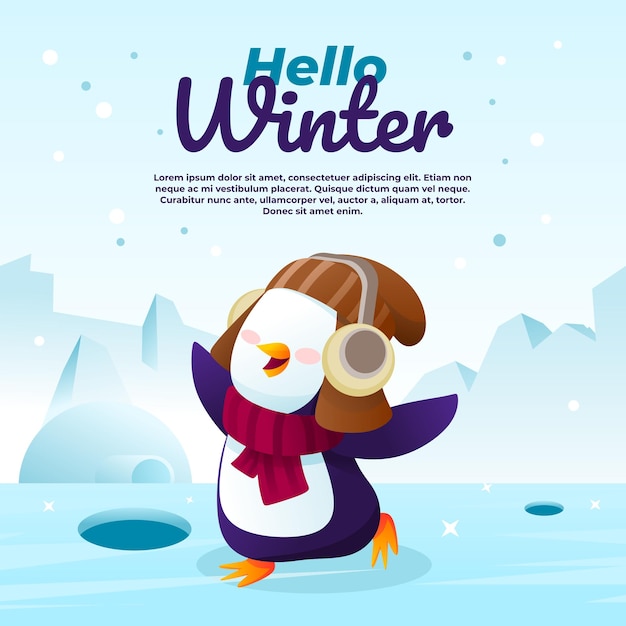 Hallo winterillustration mit einem niedlichen pinguin