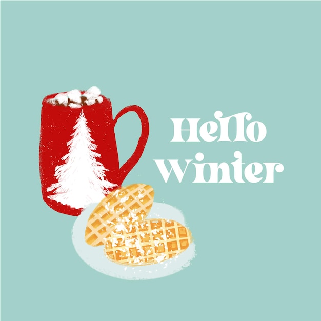 Vektor hallo wintertext mit traditionellem heißem kakao mit marshmallows und waffelillustration