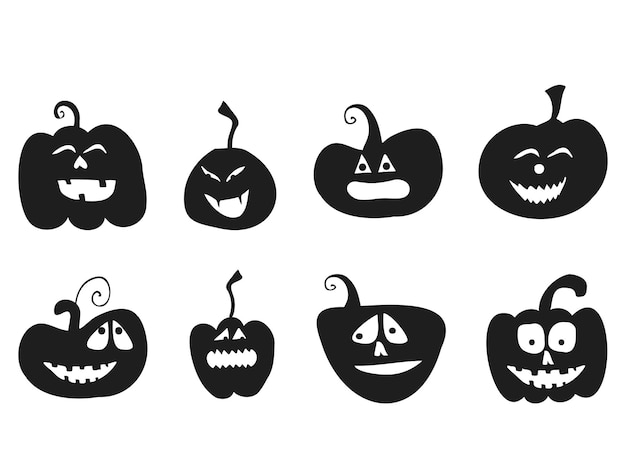 Halloween 2022 31. oktober ein traditioneller feiertag süßes oder saures vektorgrafik im handgezeichneten doodle-stil satz von silhouetten von kürbissen mit geschnitzten gesichtern