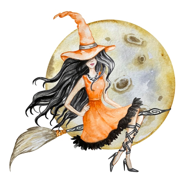 Halloween-Aquarellillustration. Handgezeichnete festliche Komposition auf weißem Hintergrund. Hexe auf einem Besenstiel und einem großen Mond