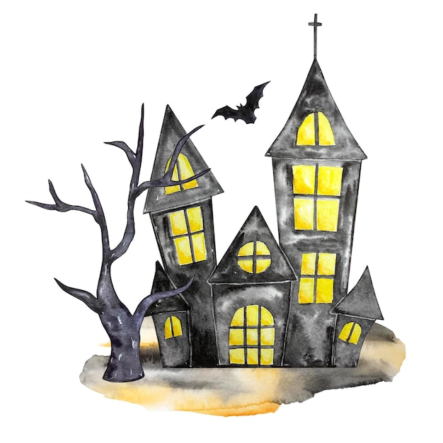Halloween-Aquarellillustration. Handgezeichnete festliche Komposition auf weißem Hintergrund. Schwarzes Geisterhaus, Baum und Fledermaus