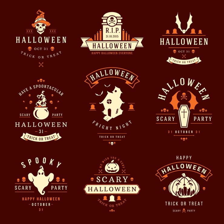 Vektor halloween-aufkleber und -logos mit den gruseligen und gespenstischen symbolen