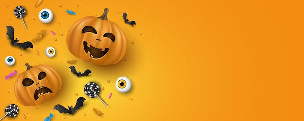 Halloween-banner 3d emotionale cartoon lächelnde kürbisse mit augen süßigkeiten lutscher fledermäuse süßes oder saures festliches cover-design einladung grußkarte vektor