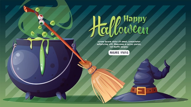 Halloween-banner mit hexenkessel, besen und hut. fröhliches halloween. webbanner, poster