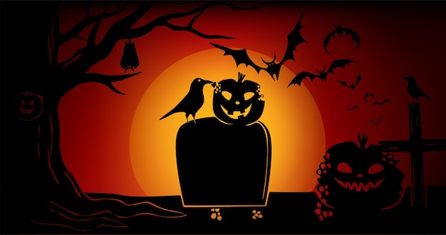 Halloween-banner mit kürbiskrähenbaum und grabsteinfledermäusen an einem roten himmel bei vollmond