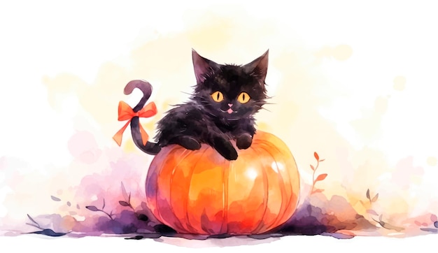 Halloween-banner mit kürbissen und schwarzer katzenillustration