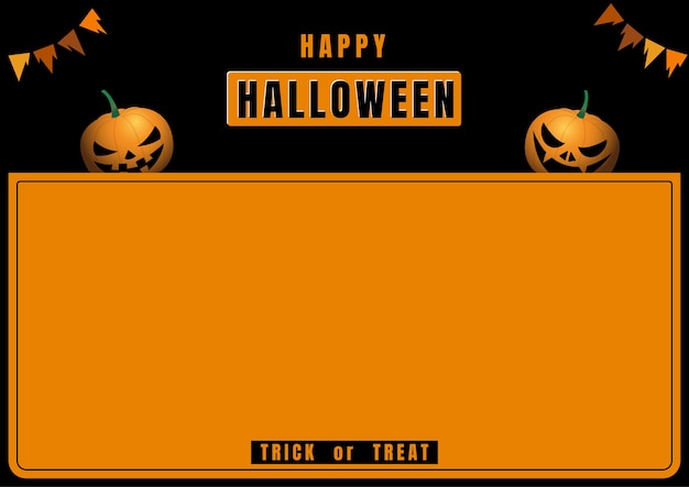 Vektor halloween-banner mit kürbisteufel auf schwarzem und orange rahmen